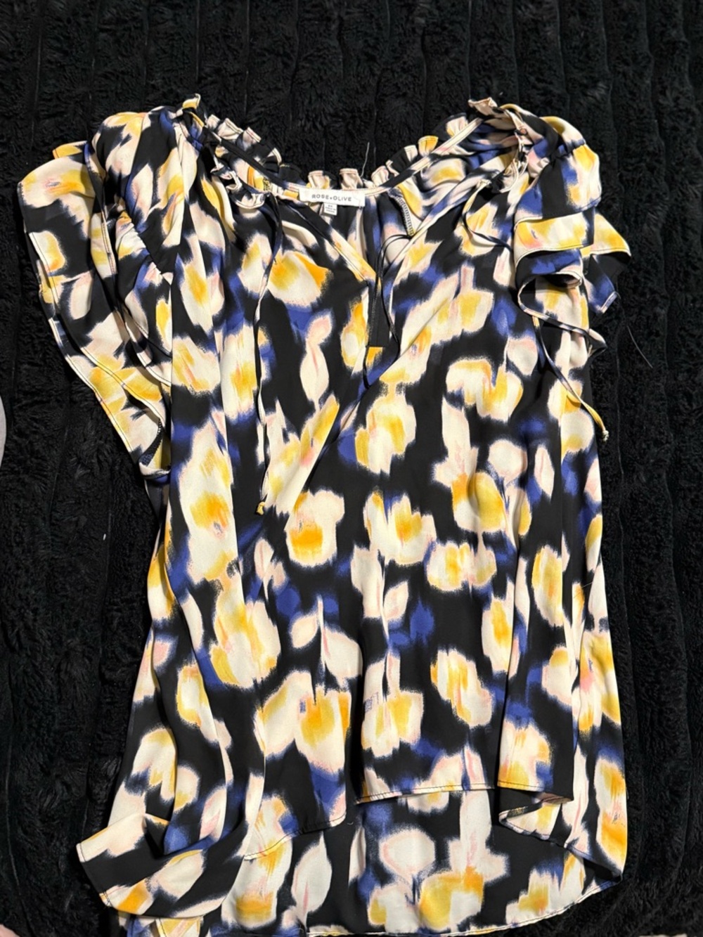 Rose & Olive Black Floral Ruffle Sleeve Blouse with Yellow and Blue Accents